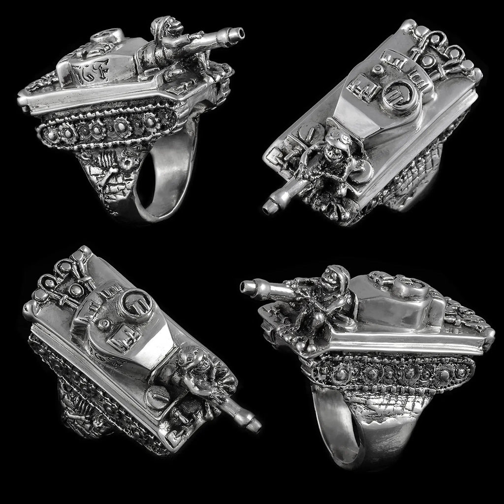 Close-up of the Curiouser Collective Tank Ring, a large sterling silver statement ring designed by Paterson Riley, hallmarked in London.