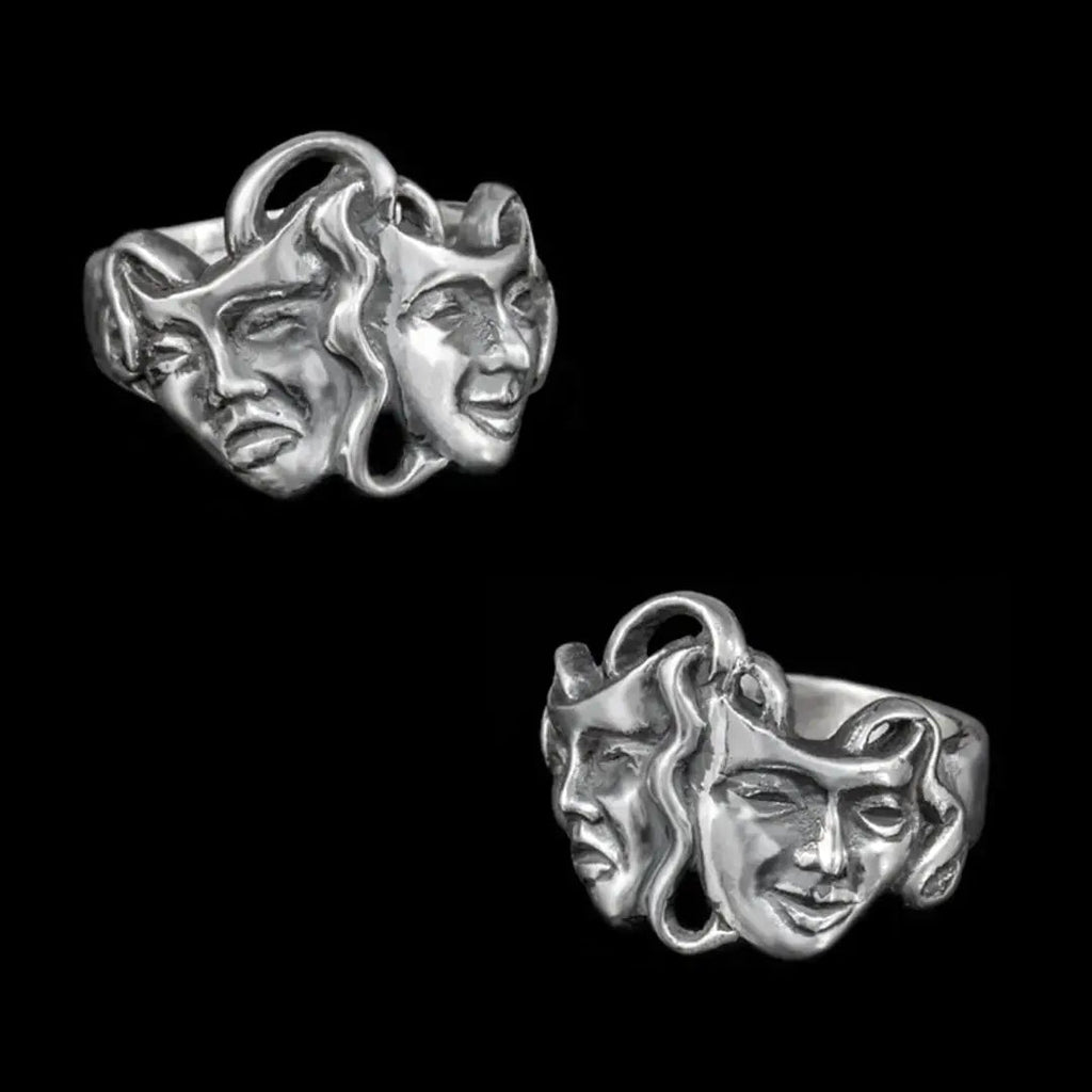Sterling silver ring featuring comedy and tragedy theatre masks