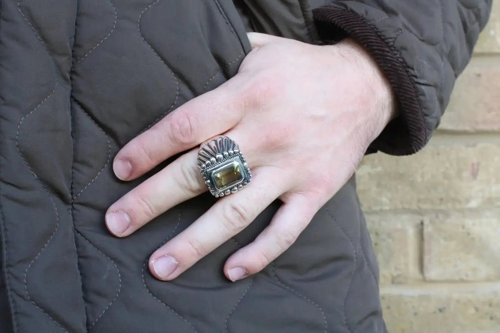 Faceted Square Green Amethyst Aztec Feather Ring Curiouser Collective