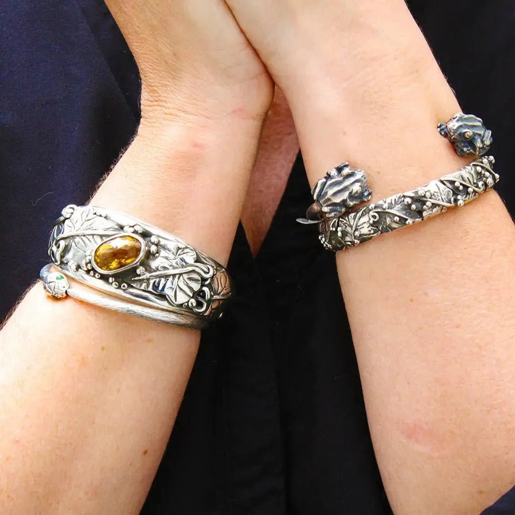 Large Silver Ivy Leaf Bangle/Cuff with Faceted Citrine Curiouser & Curiouser