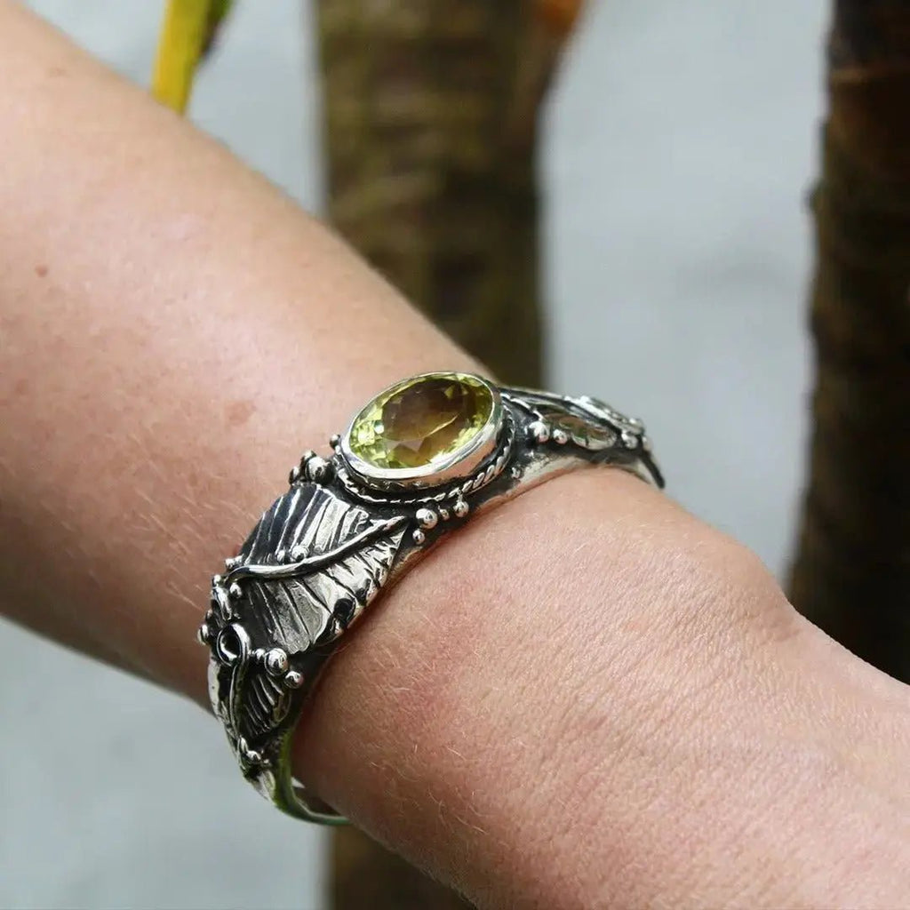 Large Silver Ivy Leaf Bangle/Cuff with Lemon Quartz Curiouser Collective