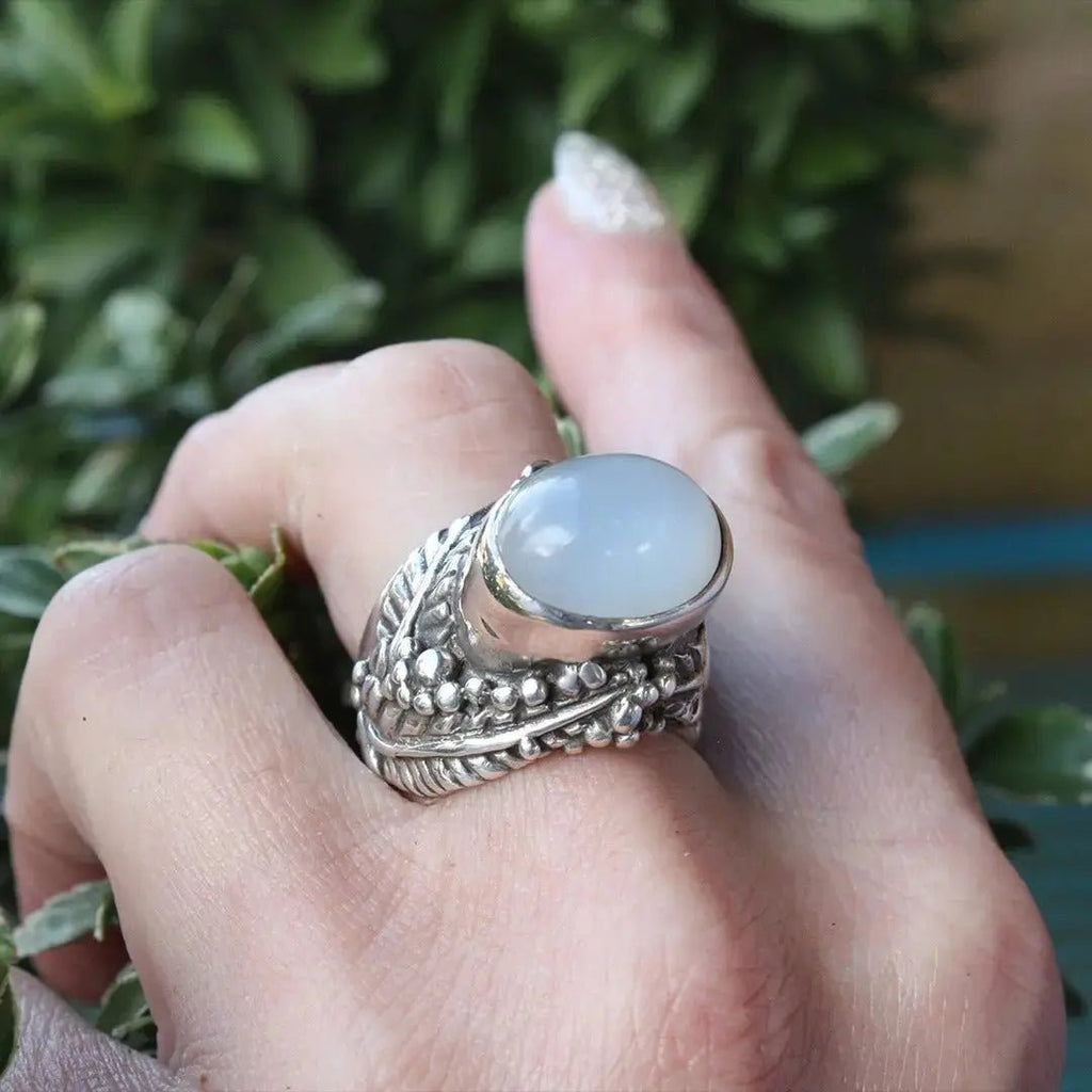 Silver Fern Leaf  Ring with Moonstone Curiouser Collective